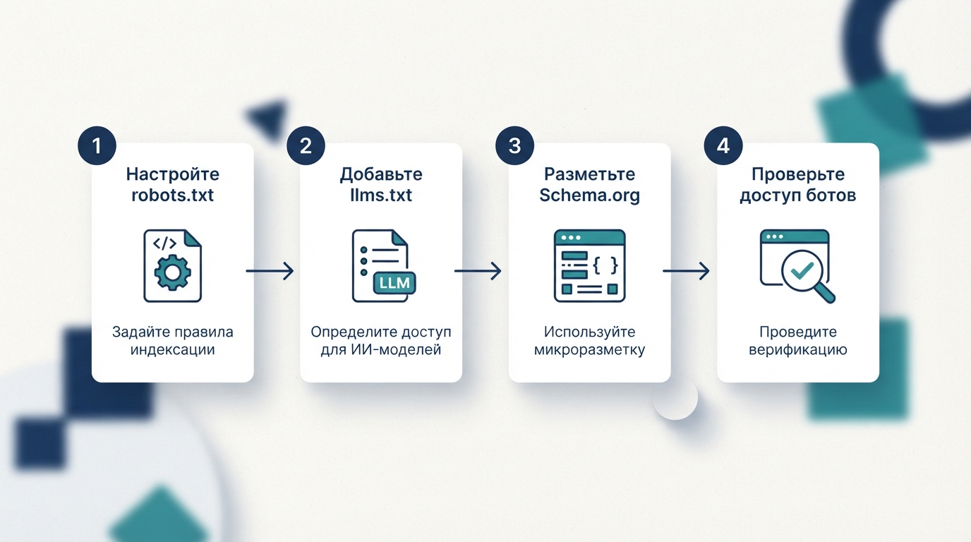 Четыре шага настройки сайта для AI-краулеров: robots.txt, llms.txt, Schema.org и проверка