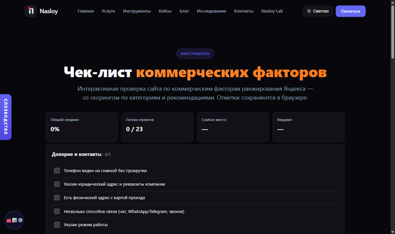Коммерческие факторы: чек-лист, который я прогоняю по каждому сайту