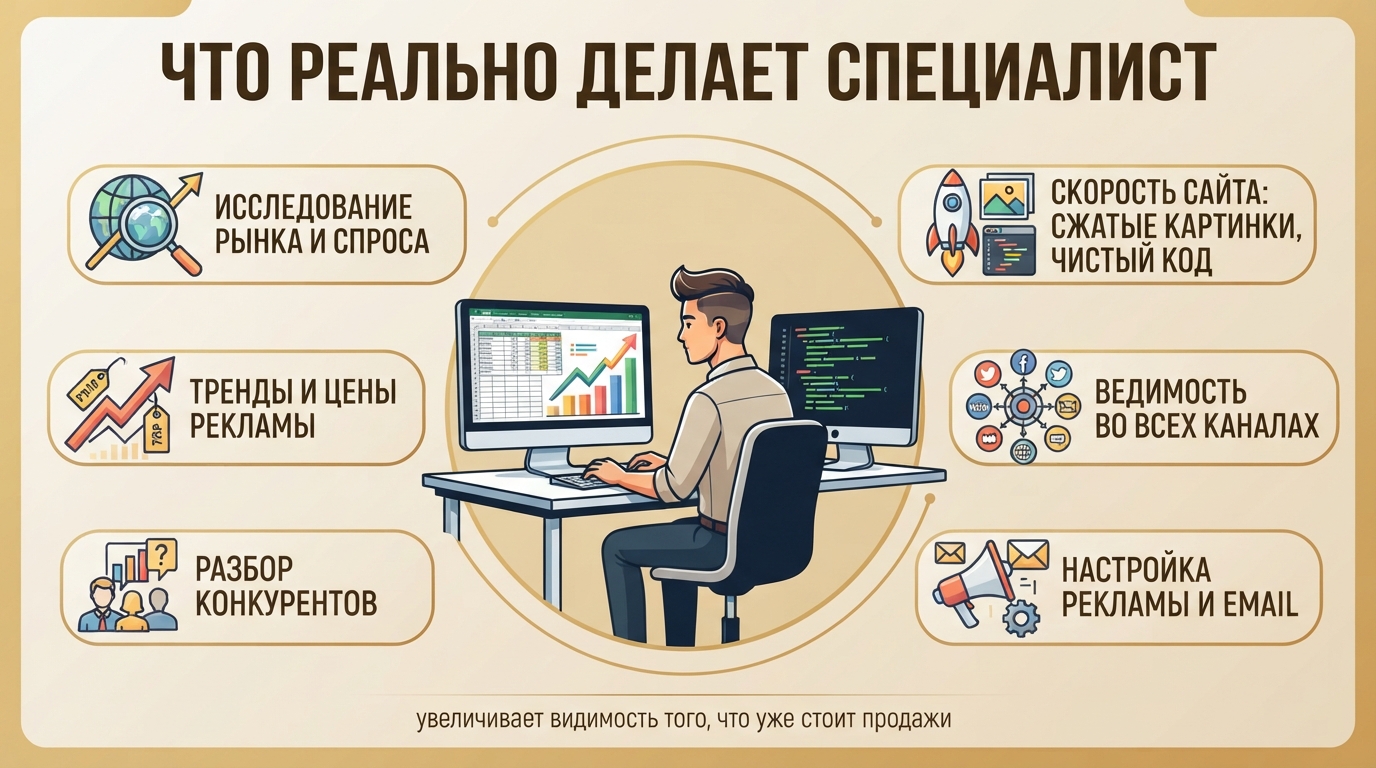 Что реально делает специалист: исследование, реклама, скорость сайта